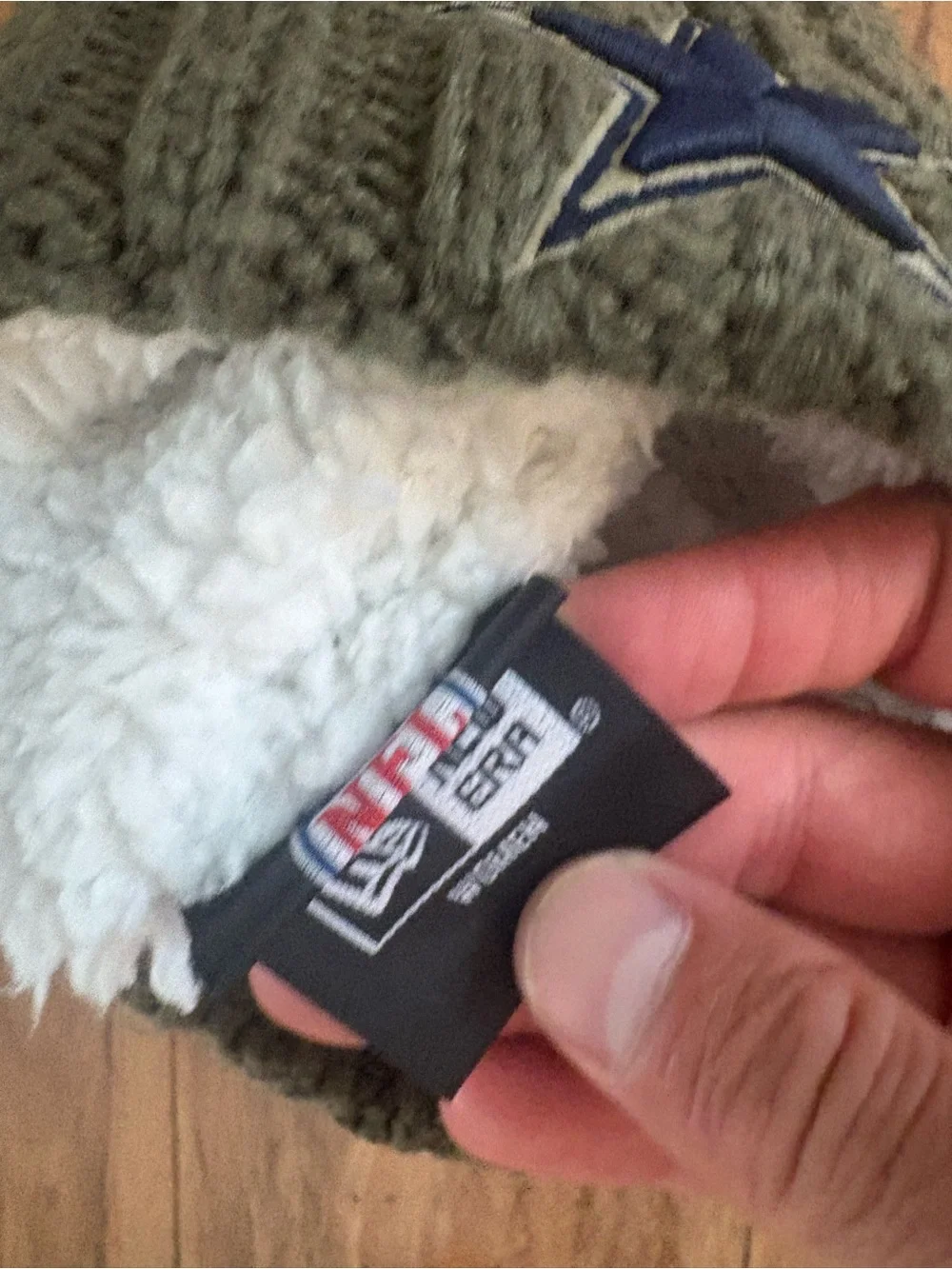 New Era Olive Green Cable Knit Pom Beanie with Star & Flag Patches